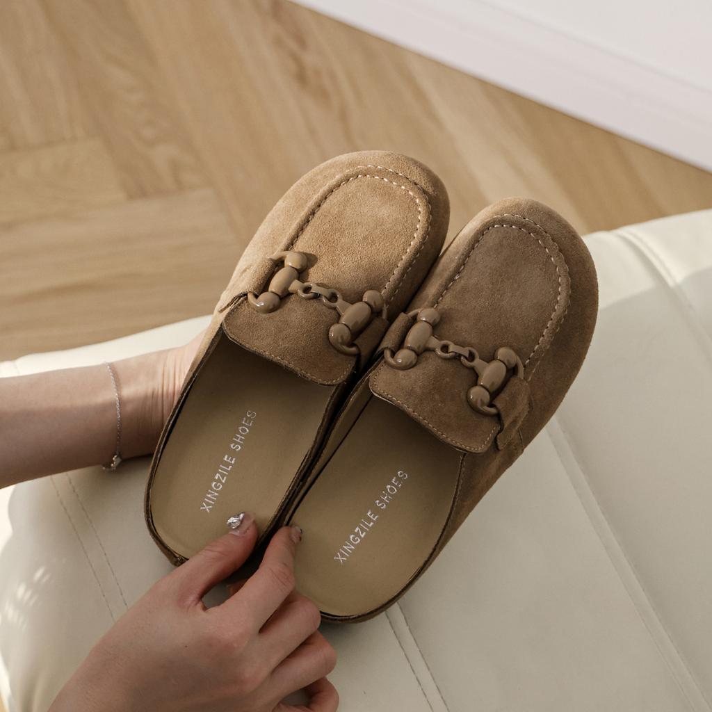 Leather Cowhide Boken Women's Shoes Inner Heightening Platform Slippers Flat Fishing Large Chain Buckle Boken Shoes Bag Head Half Slippers