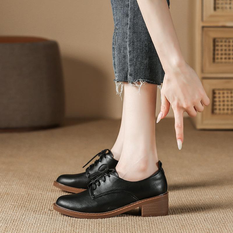Med-High Heels Oxford Shoes Woman Lace-Up Sneakers Solid Leather Brogues Ladies All Match Loafers Office Dress Flats Women
