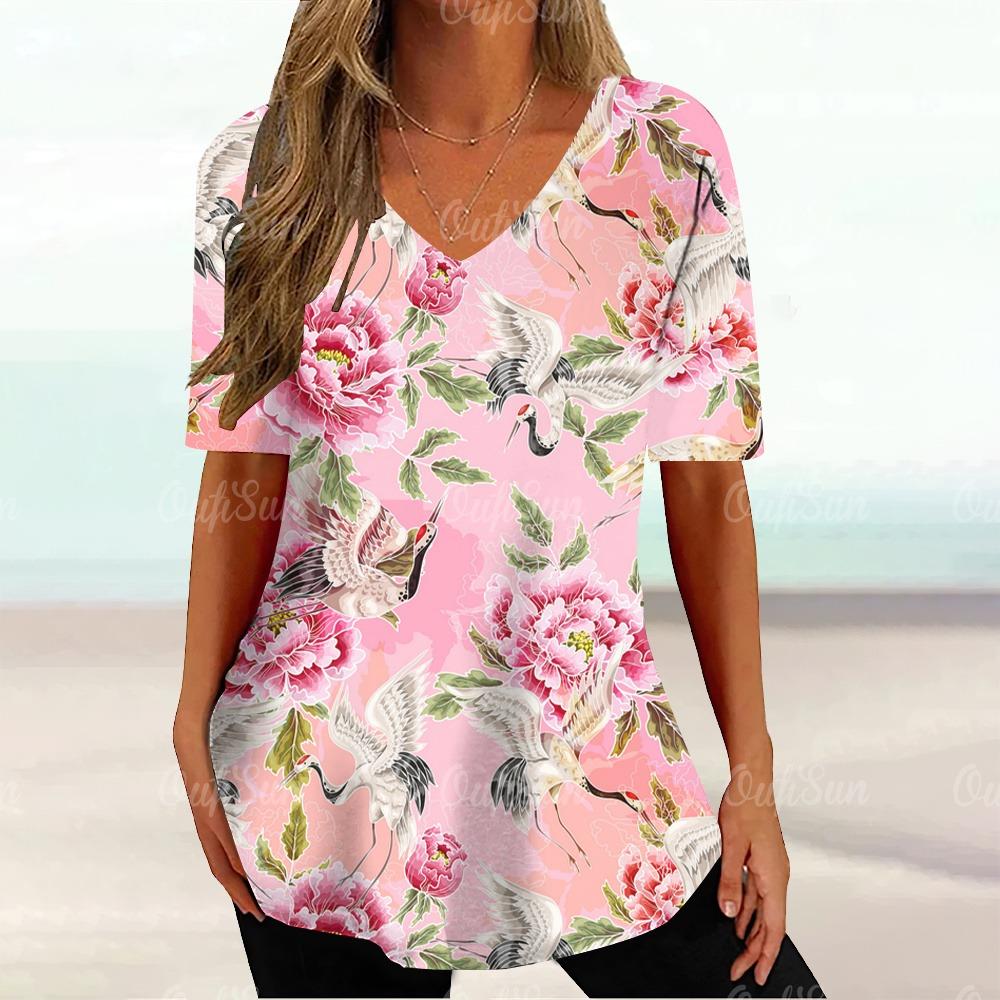 Floral Ladies V-Neck T-Shirt Summer Outdoor Fashion Short Sleeve Top 3D Printing OverSize Ladies Clothing Casual T-Shirt