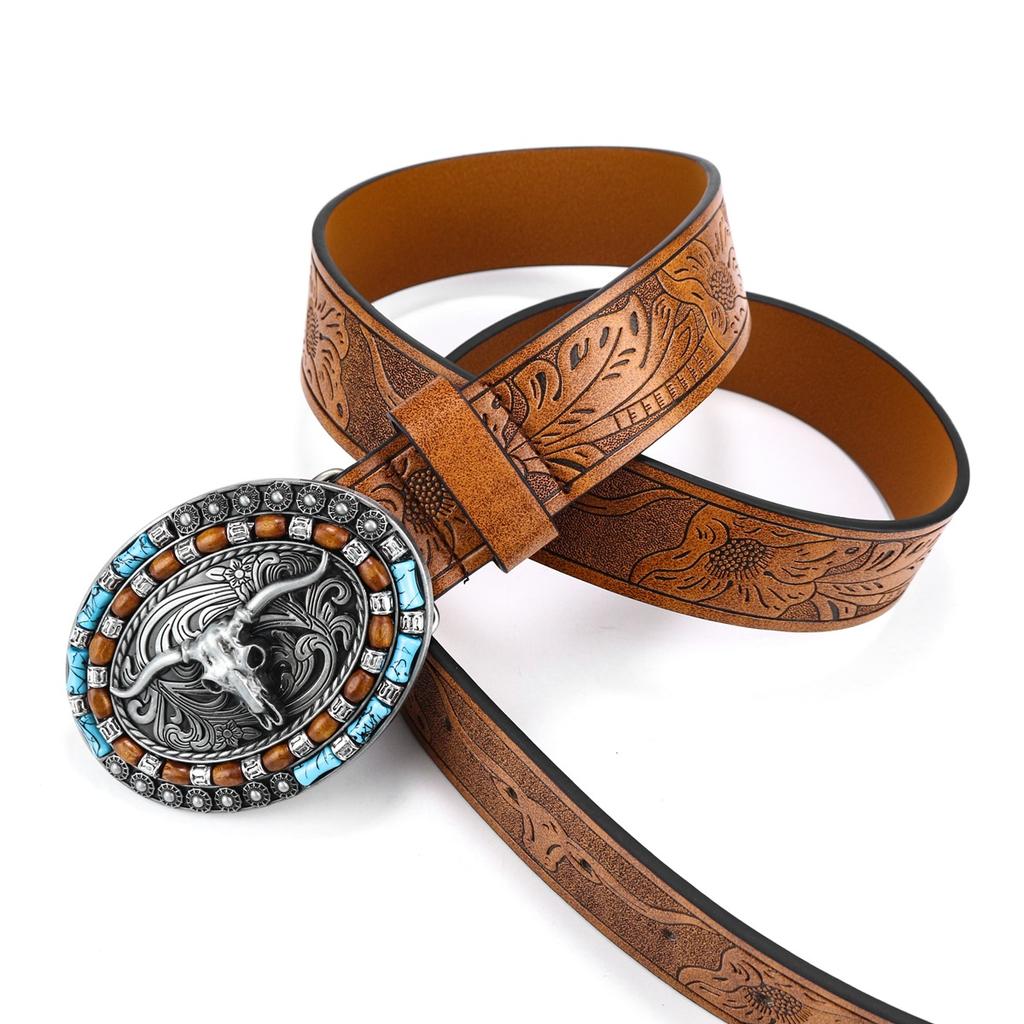 Belt with Cow Head Large Buckle Trendy Retro Style Young Men's Punk Leather Belt