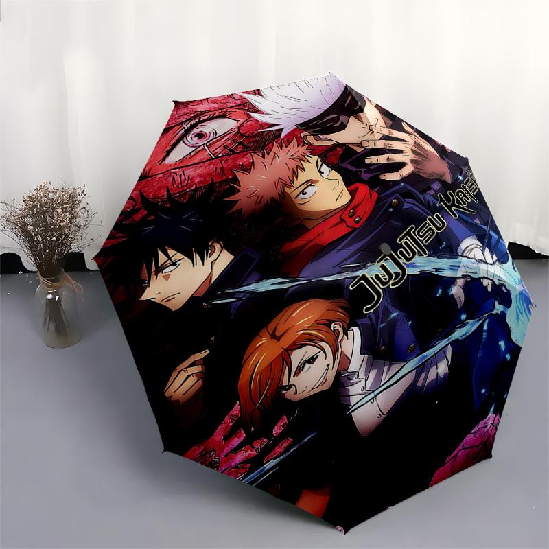 1 Stück Jujutsu Kaisen Inspiriertes Regenschirm Automatisches Öffnen Schließen, Tragbares 3-fach Design, 8-Speichen Eisenrahmen, Outdoor, Perfektes Geschenk für Fans, Reisende,