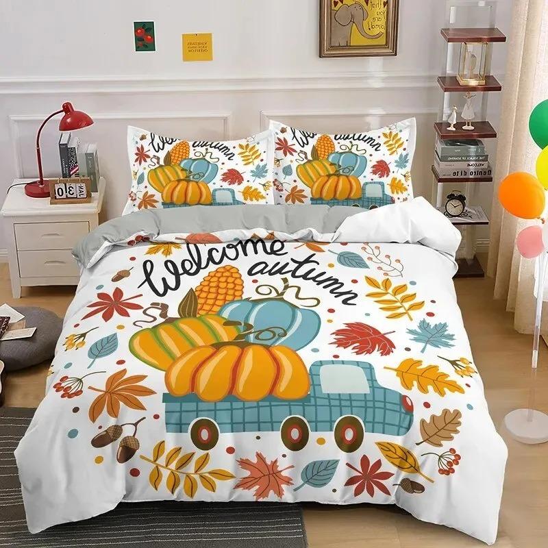 Autumn Pumpkin Truck Bedding Set Boys Girls Twin Queen Size Happy Fall Thanksgiving Duvet Cover Pillowcase Bed Boys Adult