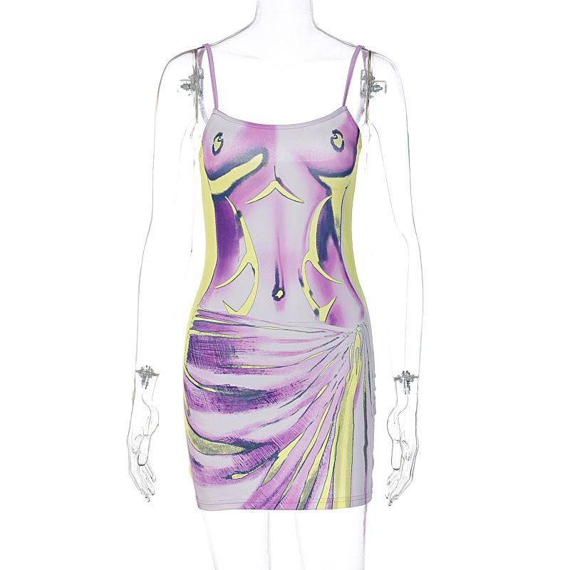 

2023 Платье с принтом, сексуальное, с открытой спиной, облегающего кроя, на тонких бретелях Purple M