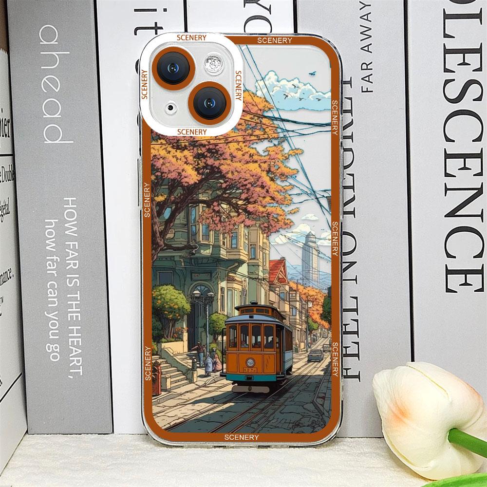 Japanese Landscape Cherry Blossoms Phone Case for IPhone 11 12 13 14 15 16 Pro Max Mini XS X 7 8 14Plus Clear Soft Scenery Cover