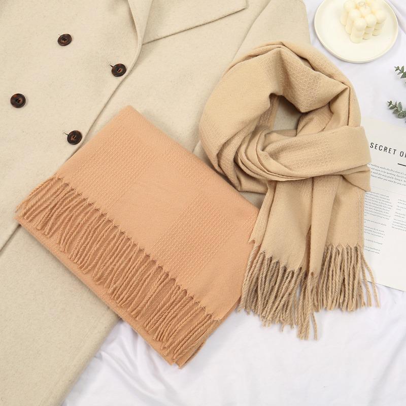 Hot-selling new monochrome imitation cashmere versatile fringed scarf in autumn and winter, warm long shawl scarf