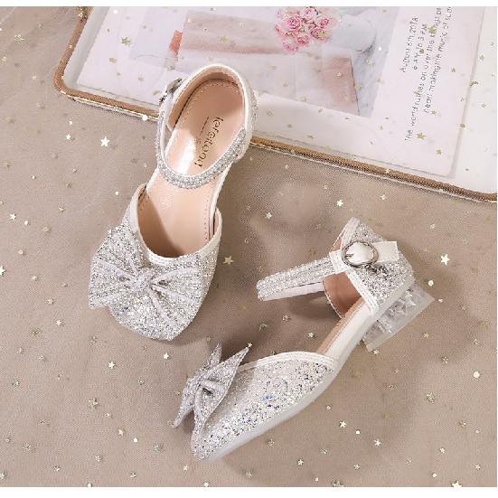 Girls' Sandals silver High Heels Summer New Transparent Soft Sole Bow Girls' Princess Shoes Women's Leather Shoes