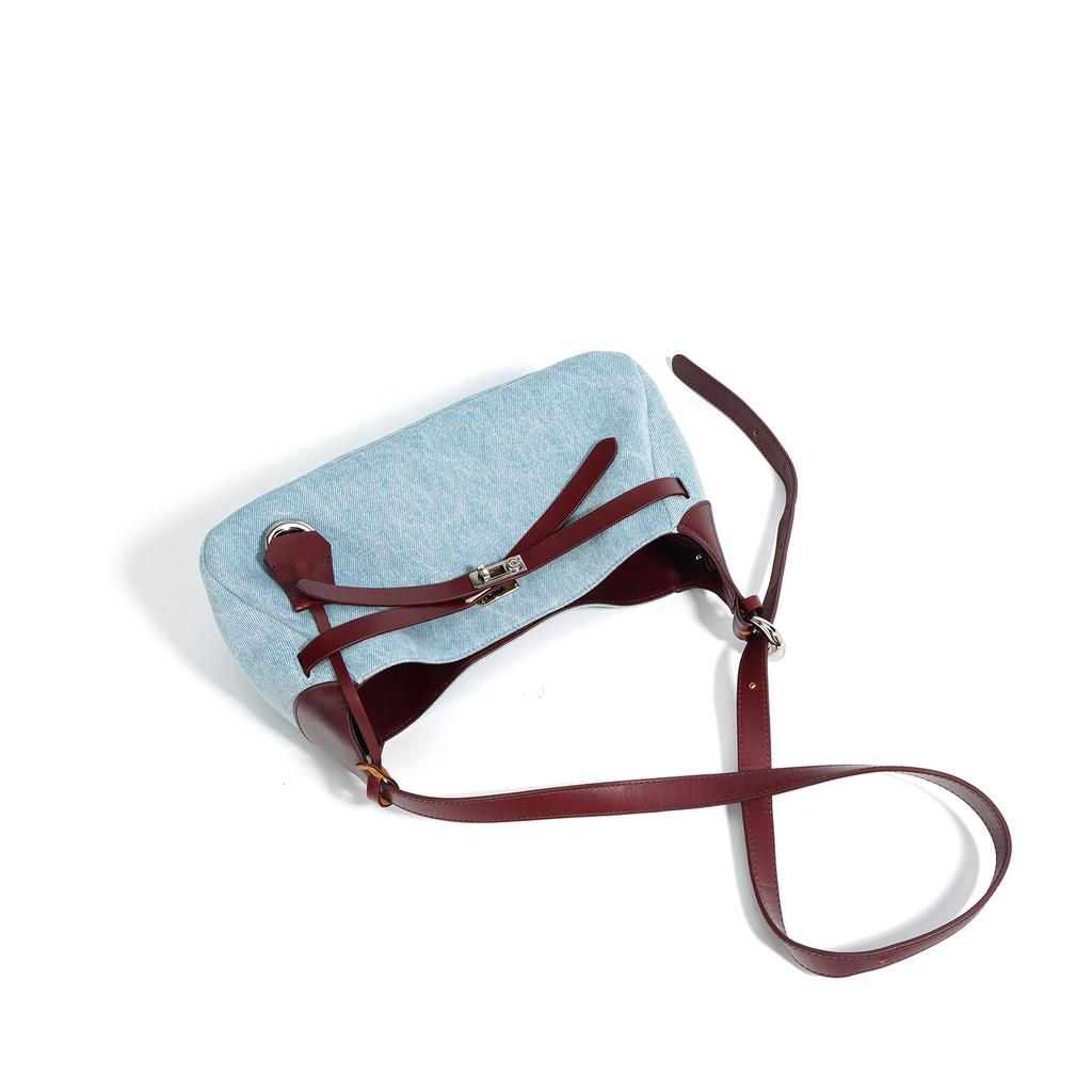 Cowhide with Denim Premium Underarm Shoulder Bag Women's New Large-capacity Commuter Fashion Bag