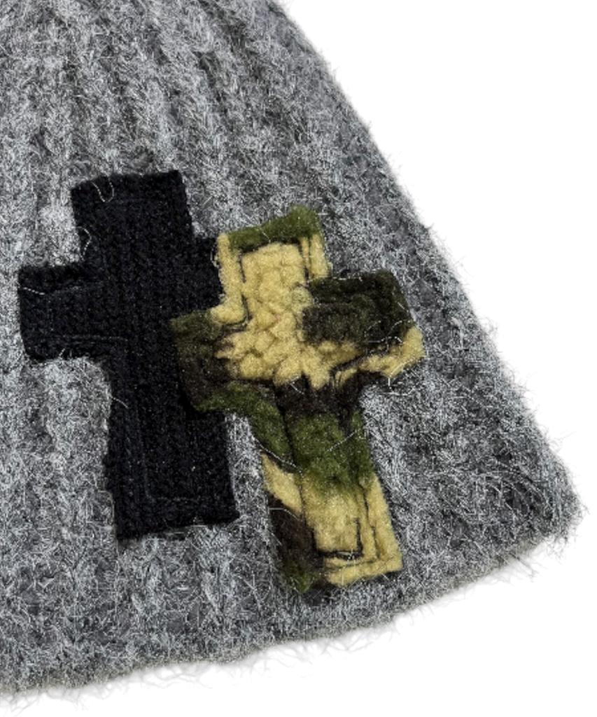 SK8ER ROCK Tone On Tone Cross Beanie ((Gray))