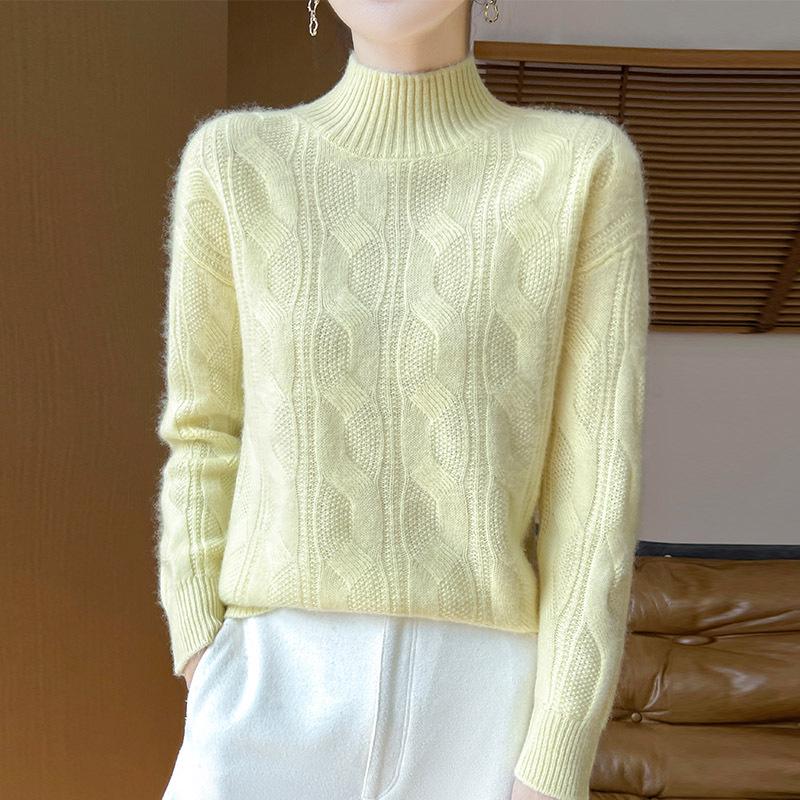 2025 Autumn/Winter Slimming Vintage Cashmere Cable Knit Sweater with Semi-High Neck