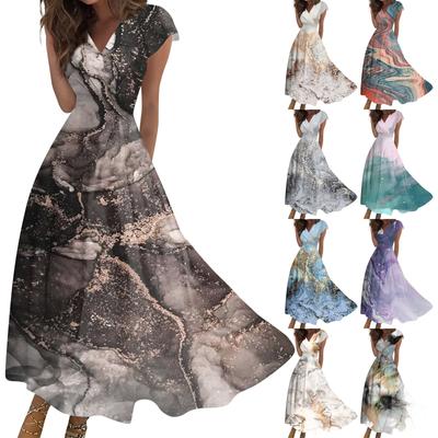 Damen Sommerkleid, lang, lässig, kurzärmlig, V-Ausschnitt, Tailleneinzug, bedruckt