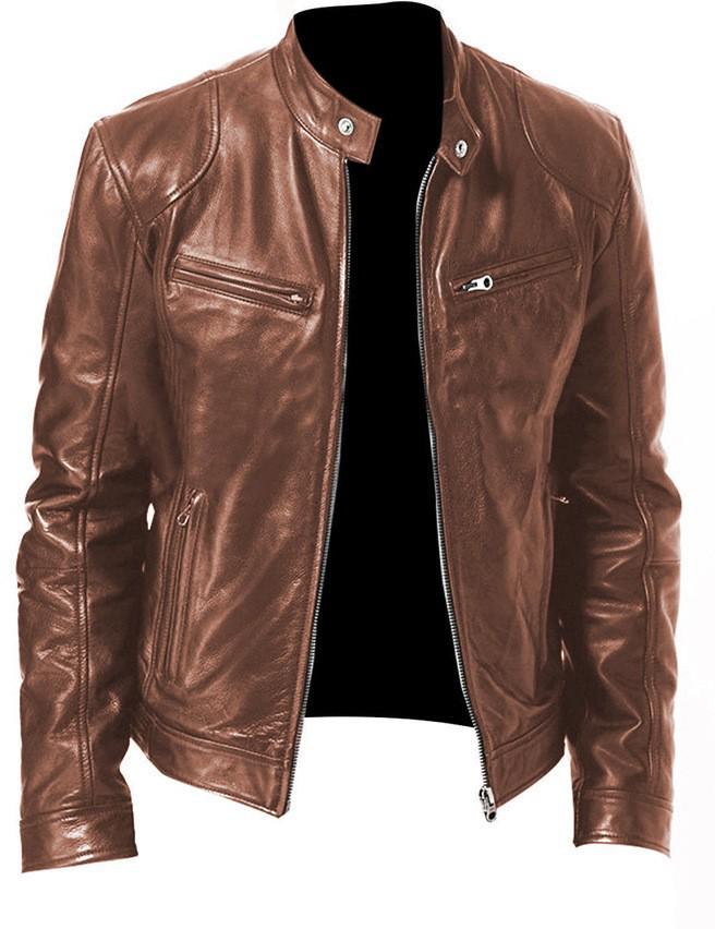Men's European & American Stand-up Collar Punk Motorcycle Leather Jacket with Logo