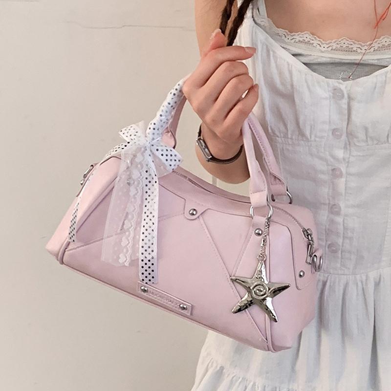 Korean Style Sweet Bowling Bag With Star Pendant Lace Bow Versatile Pillow Handbag Casual Daily Commuter Shoulder Crossbody Bag