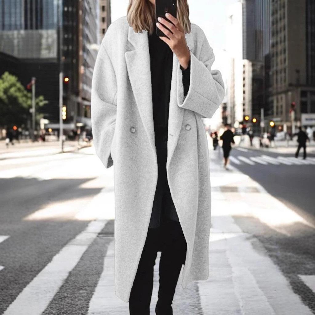Damen Herbst Winter Wollmäntel Damen Einreihig Langärmlig Taschen Maxi Mantel Damen Oberbekleidung Jacken