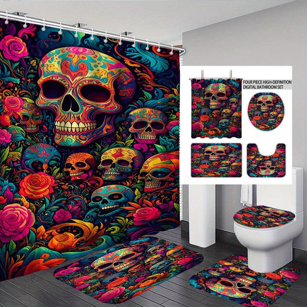TikTok Halloween Badkamer 4-delige Set: Waterdicht Polyester Douchegordijn en Nat/Droog Afscheiding