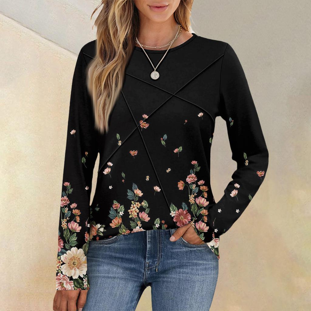Damenmode Langarm Rundhals Lässiges Plissee Floral bedrucktes Lockeres Oberteil