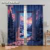 2pcs Starry Night Window Drapes - 100% Polyester Light Filtering Curtains with Mountain & River Landscape Design, Machine Washab