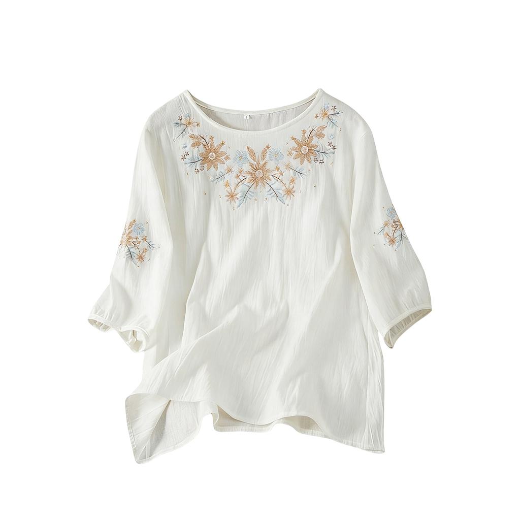 Damen lockeres, figurschmeichelndes Baumwoll-Leinen Rundhals-Dreiviertelarm Hemd Top