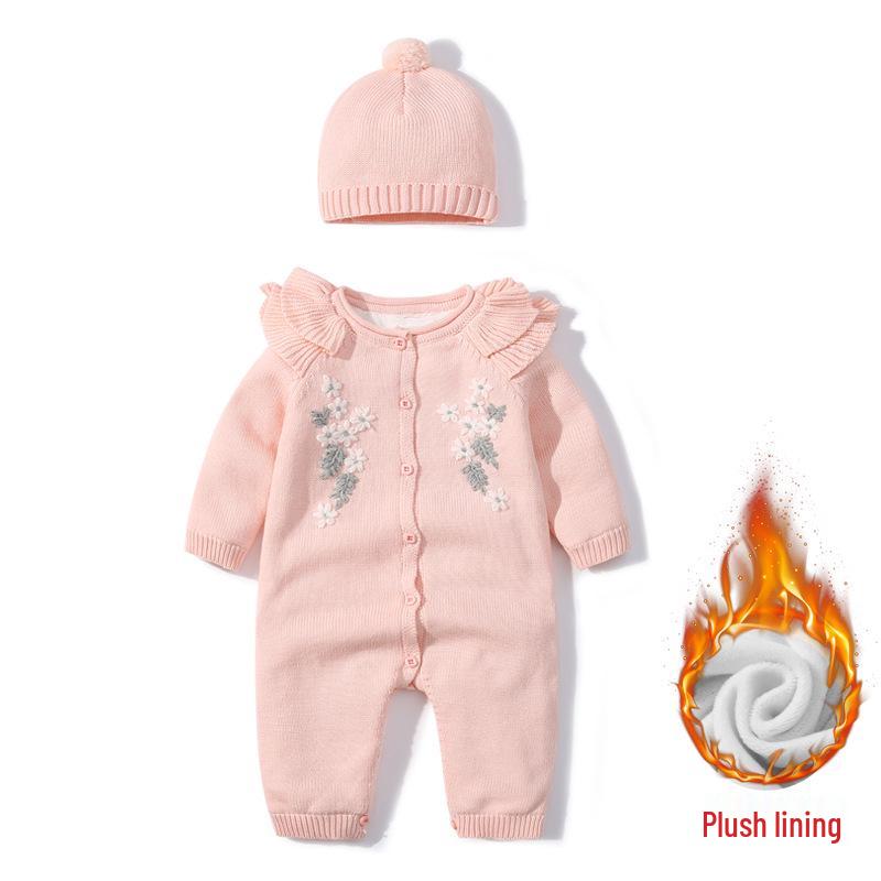 Wool Knitted Baby Onesie with Fleece Lining - Winter Crawling Suit for 100-Day or First Birthday