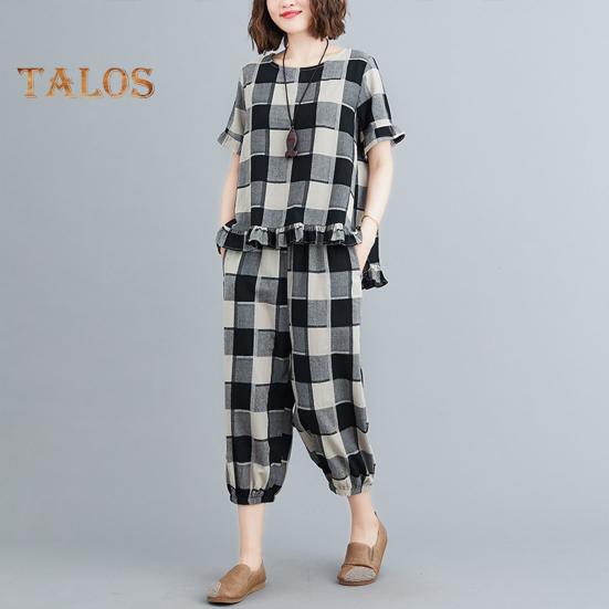 Dámský dvoudílný set s krátkým rukávem a teplákovými kalhotami ve velké velikosti, ležérní kostkovaný, volný, letní