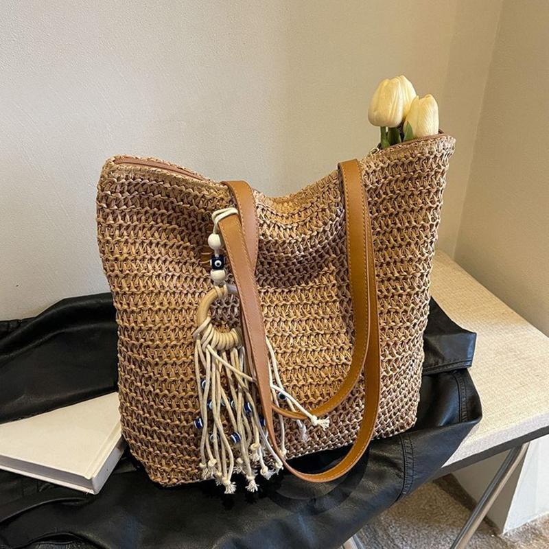 Yogodlns Dámská háčkovaná plážová kabelka s třásněmi, pletená cestovní kabelka, zapínání na zip, retro slámová kabelka, dámská letní taška pro každý den