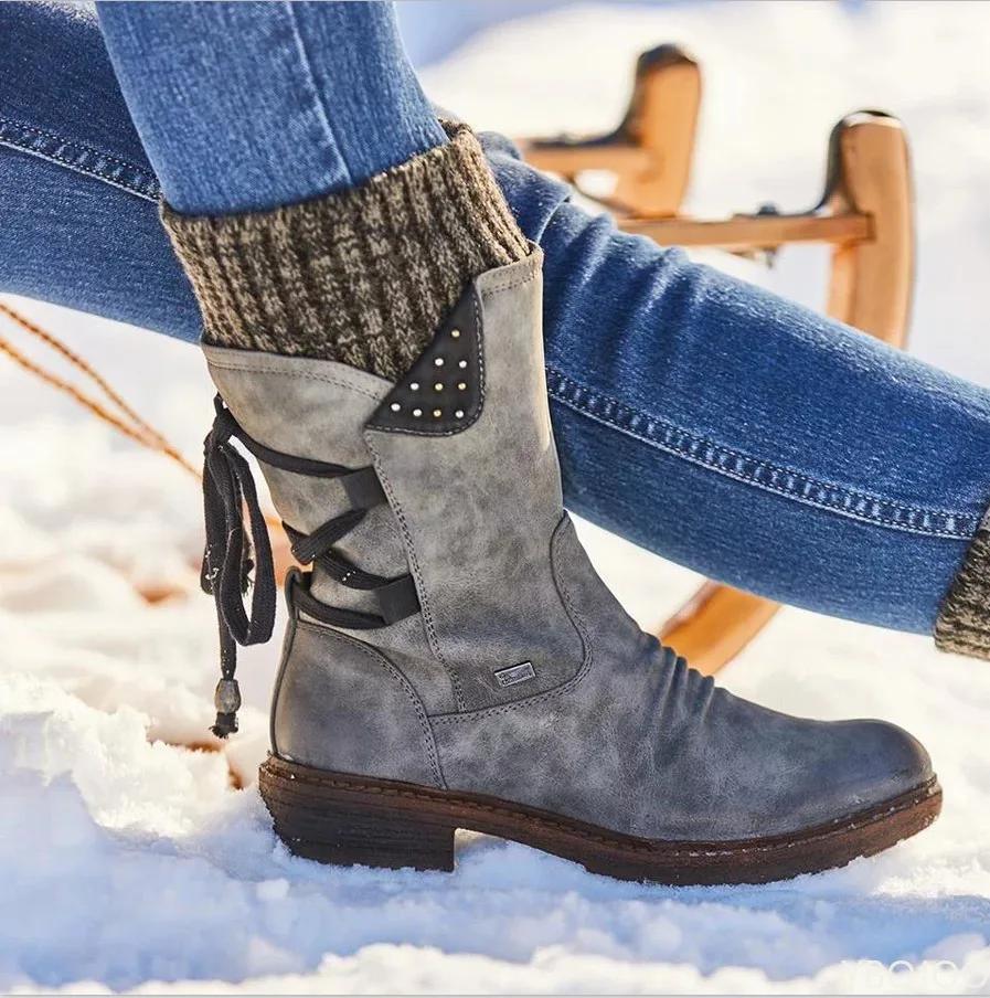 Fashion Women's  Boots Winter 2025 Side Zipper Snow Boots Lace Up Women Shoes Size 43 Knitting Retro Ankle Boots Botas De Mujer