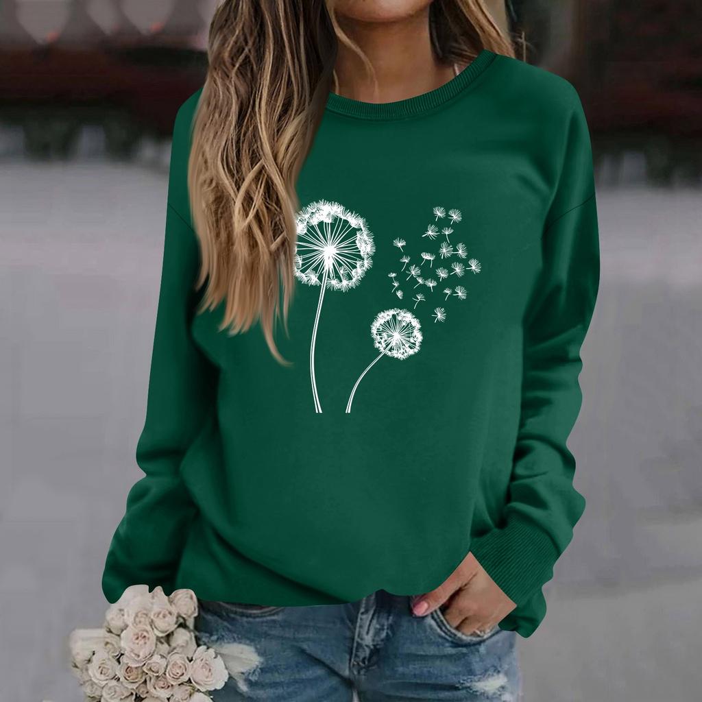 Women's Fashion Casual Long Sleeve Solid Color Printed Round Neck Top Sweatshirt