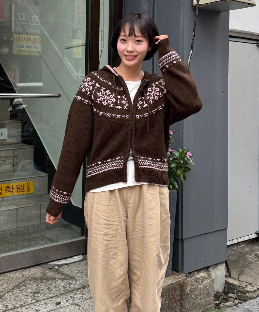 Cgp (Women) Nordic Pattern Hooded Knit Zip-Up_Brown