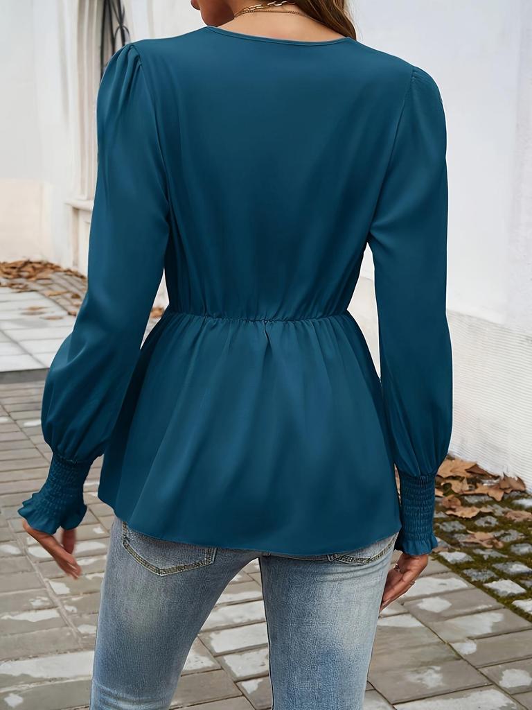 French Vintage Deep V Cross Strap Ruched Waist Shirt Women Lantern Sleeve Ruffled Sleeve Slimming Workwear Top