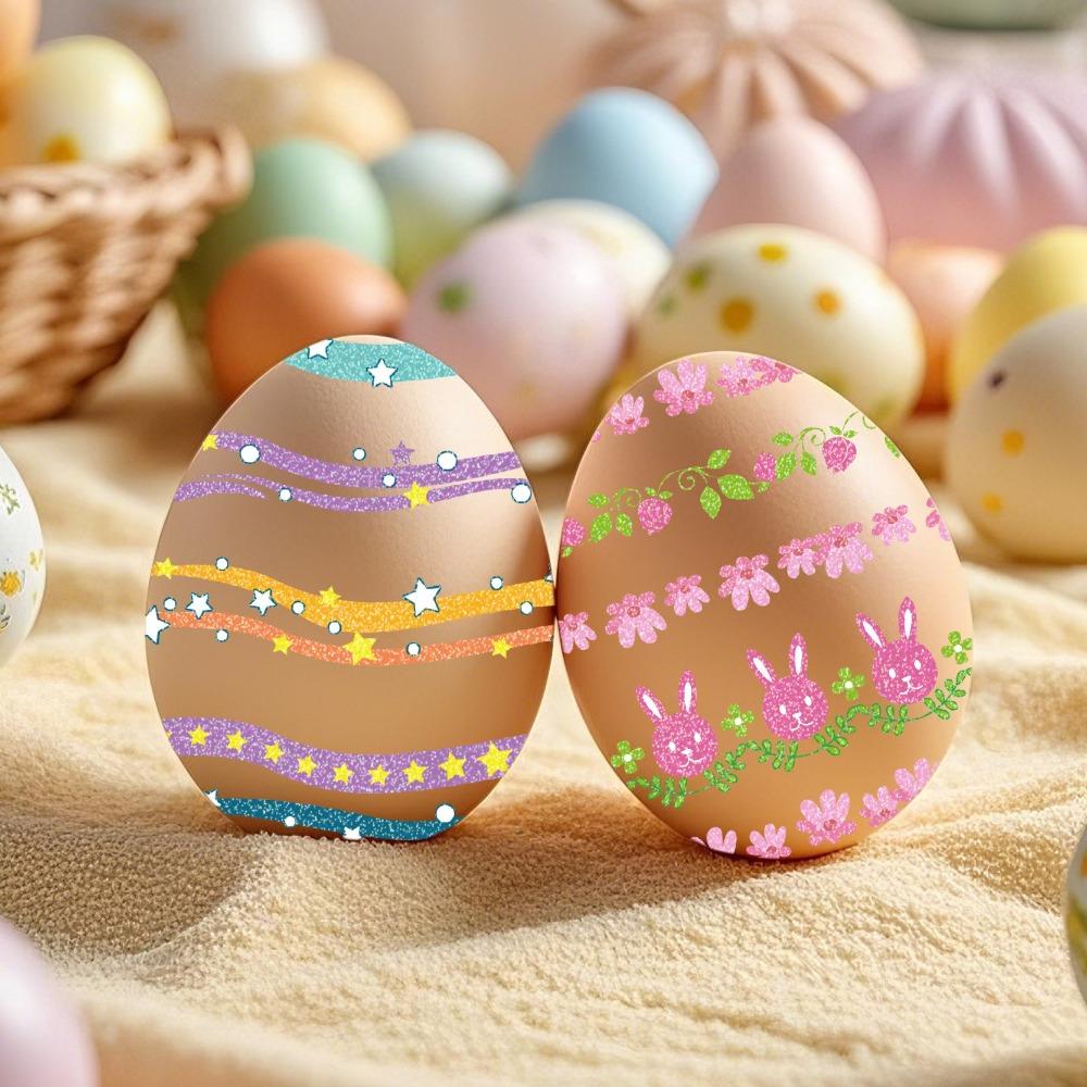 16 Sheets Disposable Easter Egg Stickers Cartoon Bunny Flower Colorful Stripes Tattoo Stickers Glitter Stationery Stickers