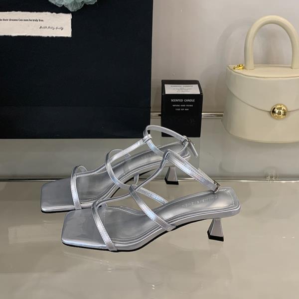 Fashion Cross Female Sandal Med Comfort Shoes for Women Mid-Calf Strap 2025 Summer High Heels Square Toe Girls Medium Buckle High-heeled