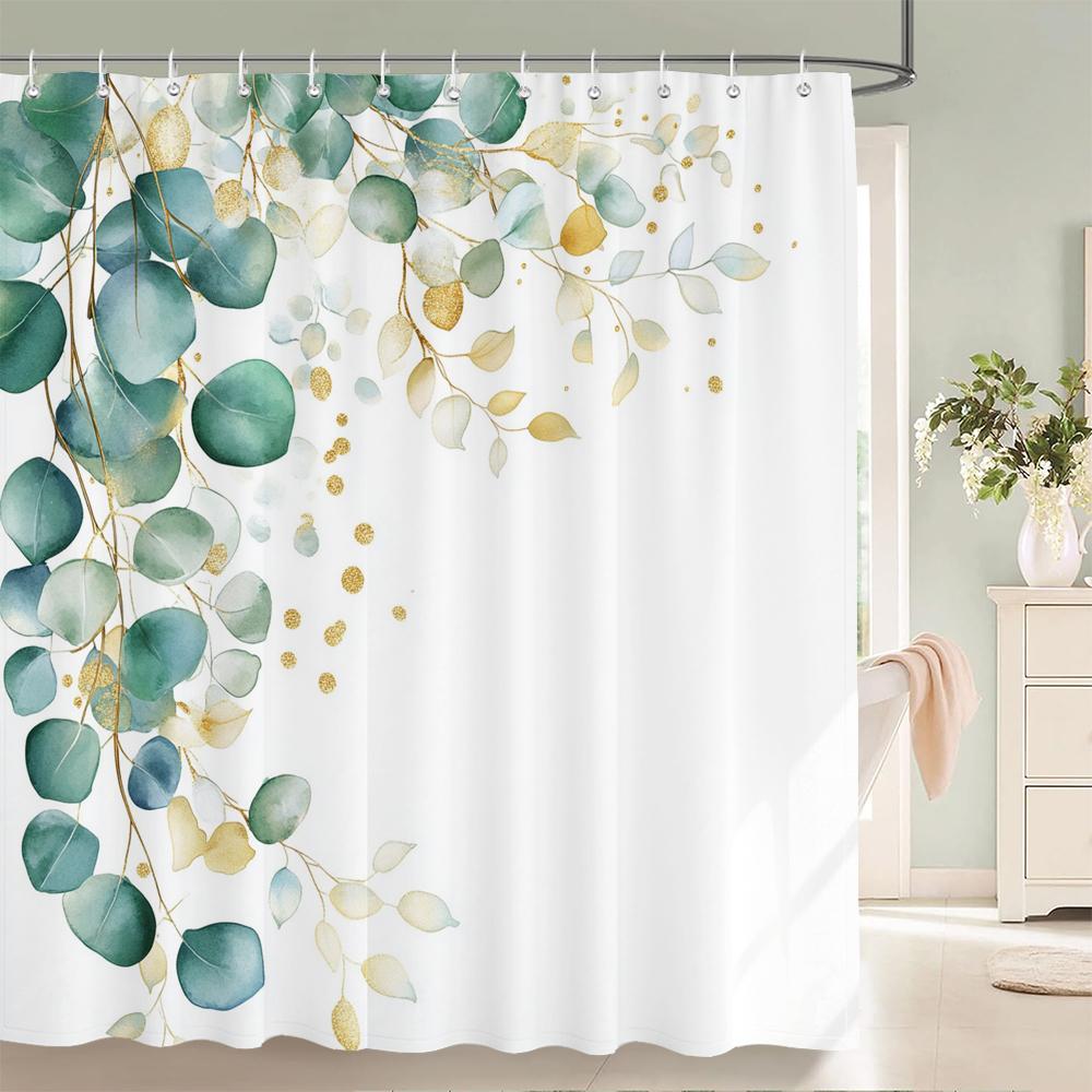 Fresh Green Leaves and Plants Pattern Shower Curtain Printed Leaves Bathroom Bath Curtain Home Decoration Curtain With Hooks