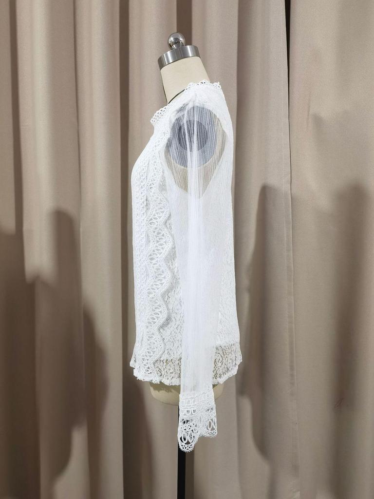 Nové elegantní jednobarevné síťované krajkové top s dlouhým rukávem a nabíranými rukávy pro ženy