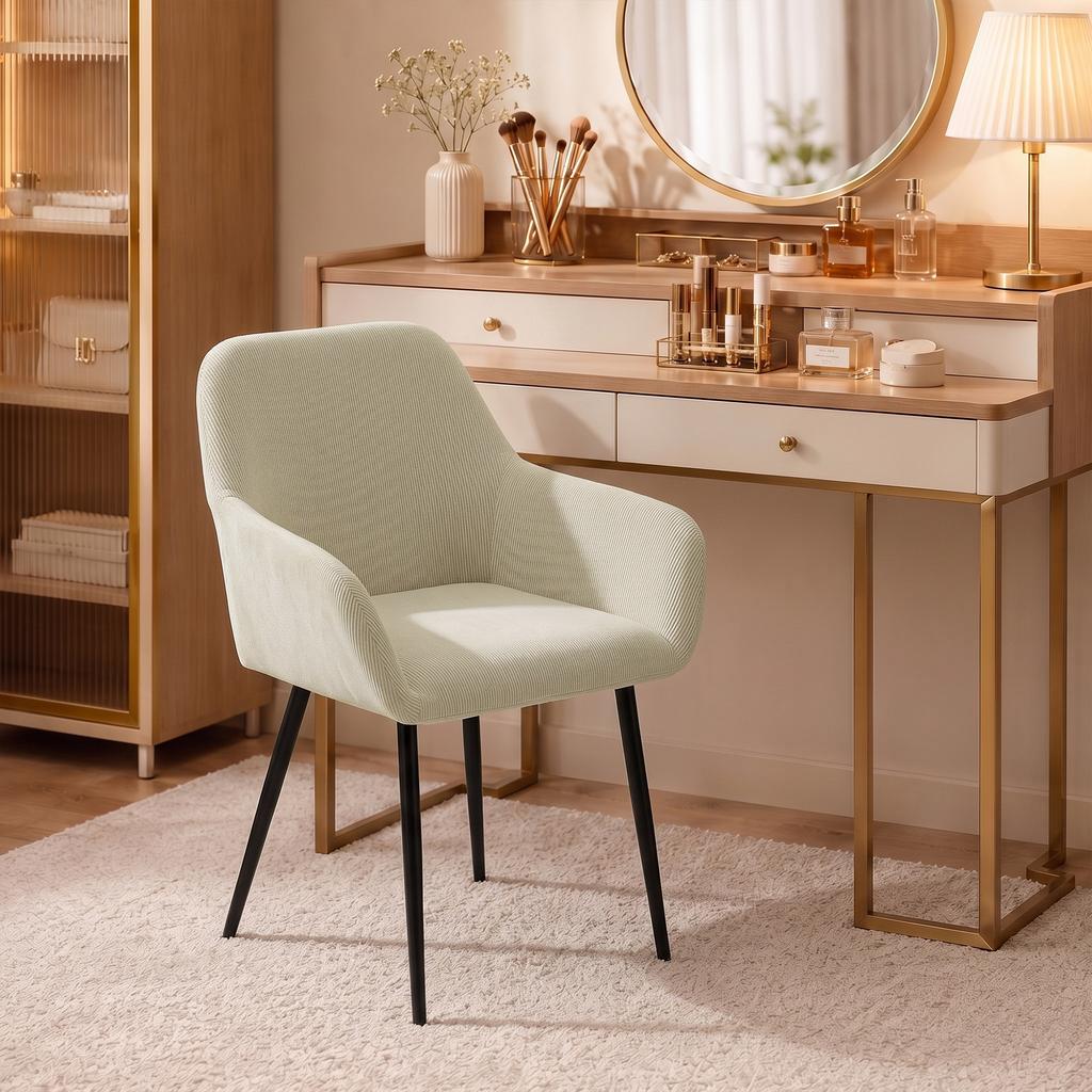 Dining Chairs, Set of 2, Corduroy Upholstered, Armrests, Backrest, Cream
