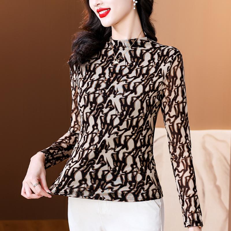 Half Turtleneck Long-sleeved T-shirt for Women In Women's Autumn New Chinese Style Printed Top Slim and Versatile T-shirt