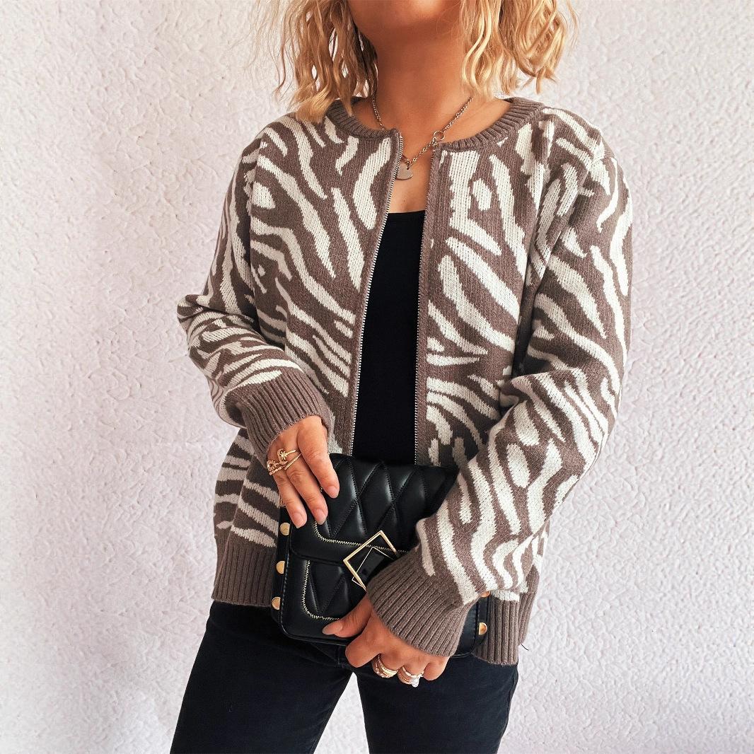 

Женский свитер Зима 2025 Корейская версия Осень и Зима Вязаный кардиган с зебровым узором Круглый вырез Повседневная куртка на пуговицах KCR4356 One Size абрикосовый