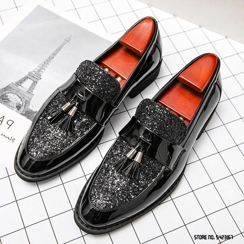 Luxury Designer Pointed Tassel Sequins Patchwork Oxford Shoes For Mens Formal Wedding Dress Homecoming Sapatos Tenis Masculino