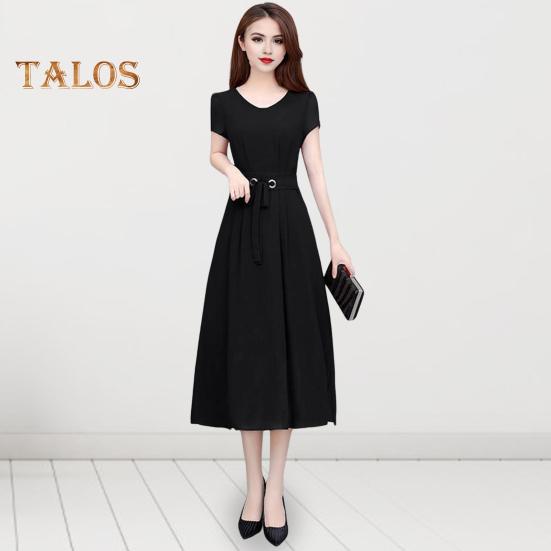 Summer Lady Dress Round Neck A-line Short Sleeves Slim Waist Plus Size Pure Color Slim Fit Mid-calf Length OL Commute Midi Dress
