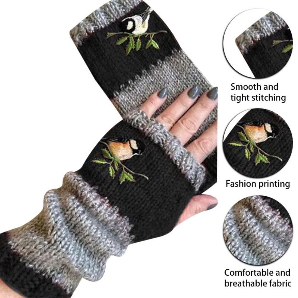 Embroidered Bird Half Finger Gloves Spicy Girl Y2k Winter Mittens Outdoor