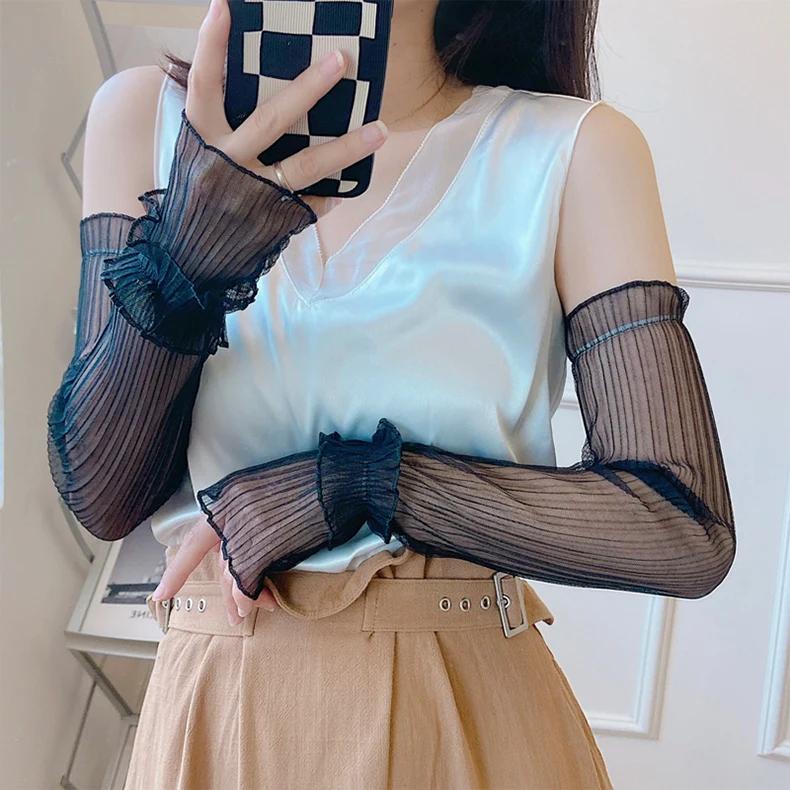 Sommer Lange Fingerlose Handschuhe Frauen Sonnenschutz Ärmel Handschuhe Dame Dünne Spitze Mesh Armmanschette Sonnenschutz UV Atmungsaktive Fäustlinge