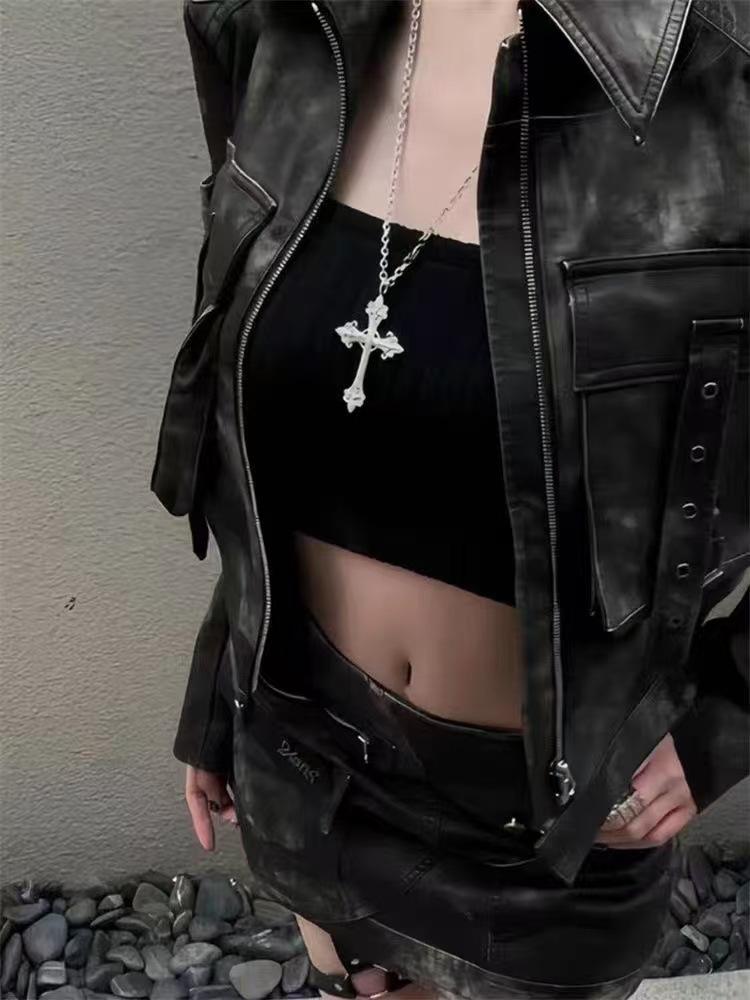 Hvězdné Pole Růže a Kříž Náhrdelník - Stylový Korejský Styl Cool Stříbrný Velký Vyřezávaný Kříž Náhrdelník & Řetízek na Svetr