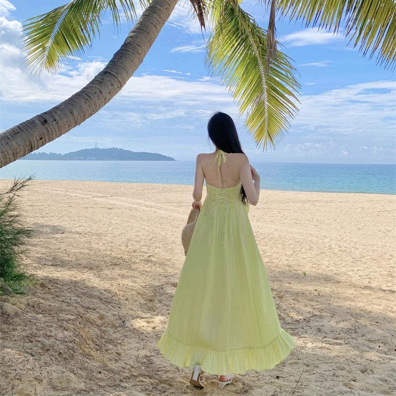Three-dimensional Flower Ruffle Leaf Edge Neck Dress Women's Summer New Fashion Waist Halter Dress