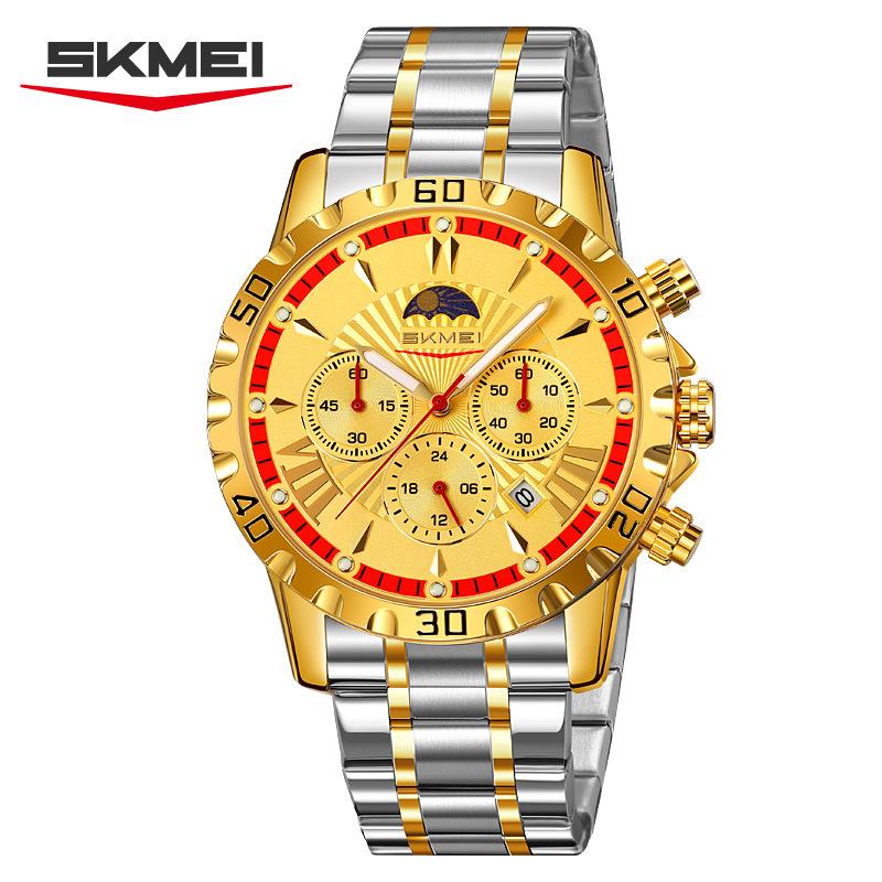 Luxury Golden Watch for Men Fashion Waterproof Male Wristwatch Moon Phase Quartz Men's Watches Relogio Masculino