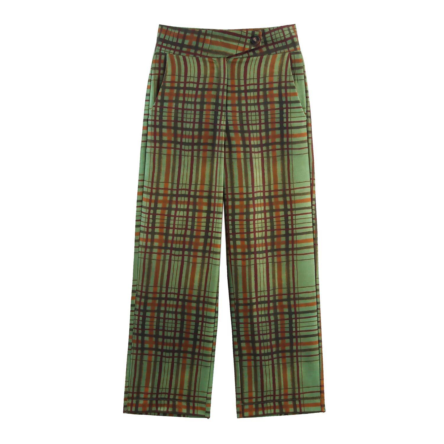 European and American cross-border women s clothing wholesale women s plaid drape suit jacket plaid seven-quarter flared pants set XS