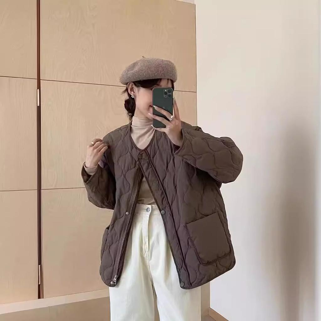 White duck down light rhombus grid down jacket women's gourd autumn and winter clothing new high-end large-size loose round neck jacket
