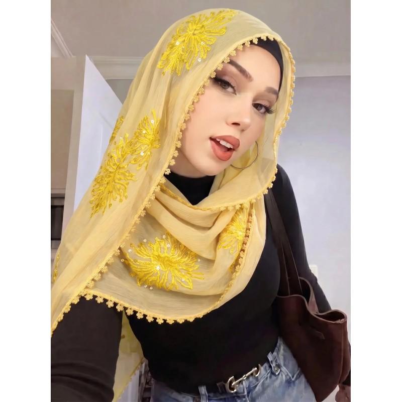 Lightweight Chiffon Scarf With Floral Embroidery Edge - Versatile Wrap Shawl Women Fall Winter