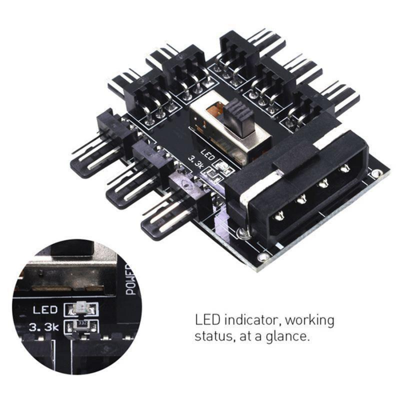 Cooling Fan Hub, 1 to 8, Fan Hub 3-Pin PWM Splitter, Computer Mining Adapter, Cooling Power Supply