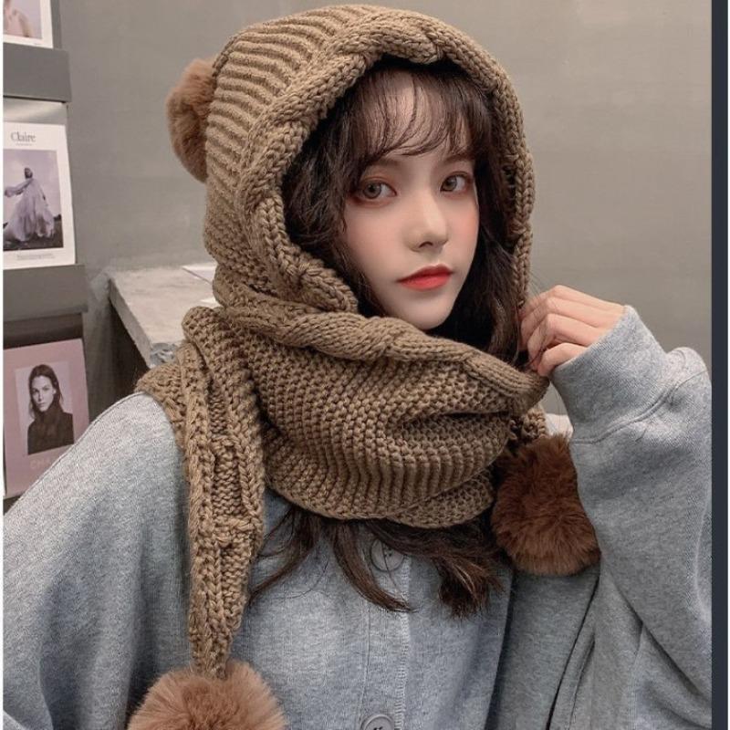 Fall Winter Korean Style Women's Versatile Scarf with Adorable Pom-Poms Ear-Warming Thickened Knit Hat for Extra Coziness