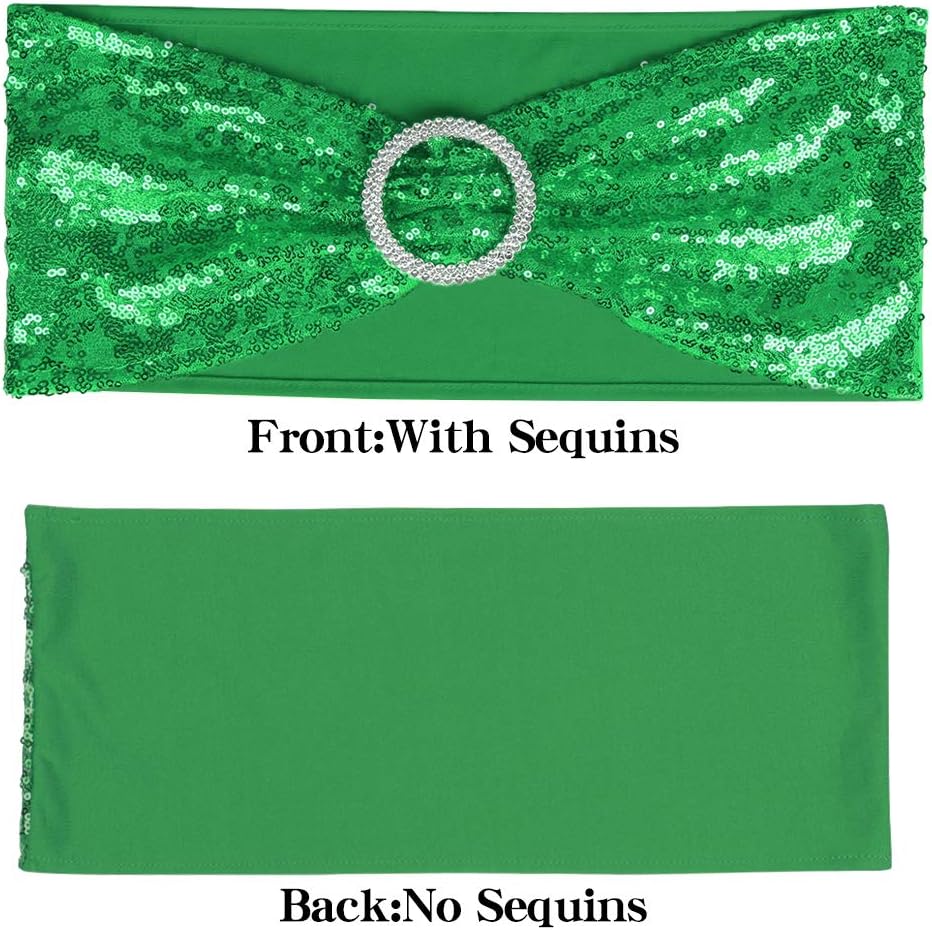 50pcs Chair Sashes Sequin Stretchy Spandex Band with Silver Buckles Decorative Bows One-Sided Sequins Decor for Wedding Party