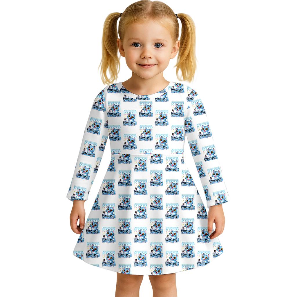 Kids Girls Casual Daily Dress Cute Cartoon Print Long Sleeves Dance Wear Princess Dress  2-12 Years