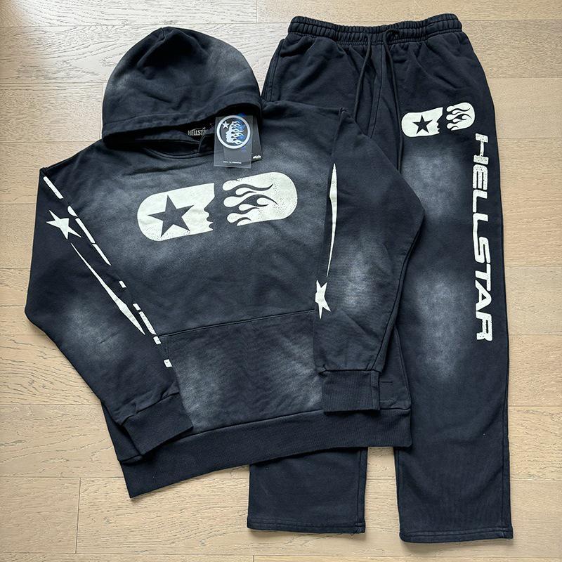 Zestaw dla mężczyzn: Bluza z kapturem i długie spodnie Hell Star, prane, postarzane, luźne
